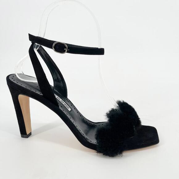 Manolo Blahnik Black Suede Hiebi 90 Shearling Strappy Sandal Heel size IT 37.5 - Picture 2 of 10